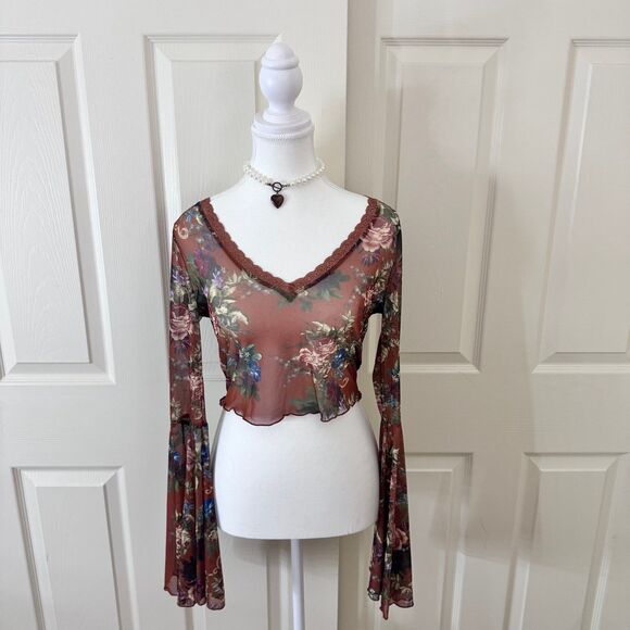 Tops - Sheer Brown Bell Sleeve Top
